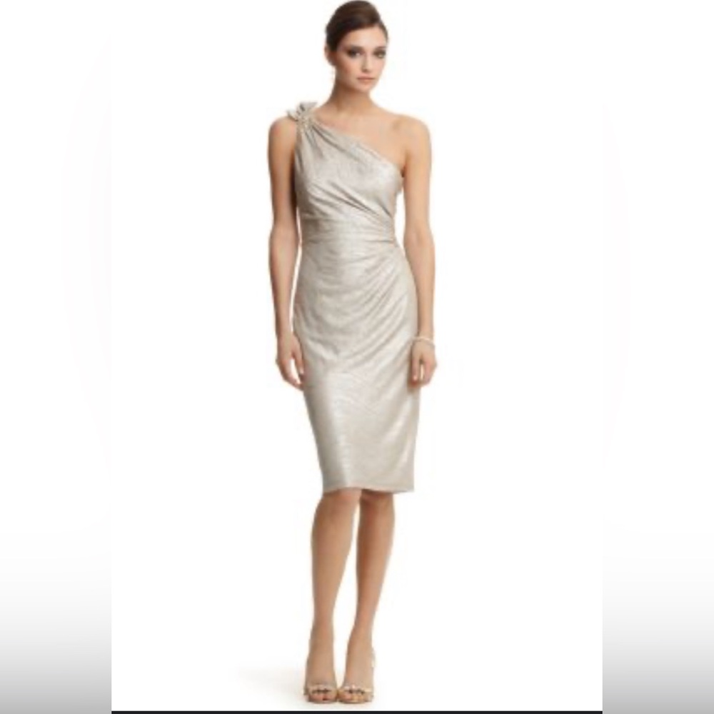 David Meister One Shoulder Metallic Dress